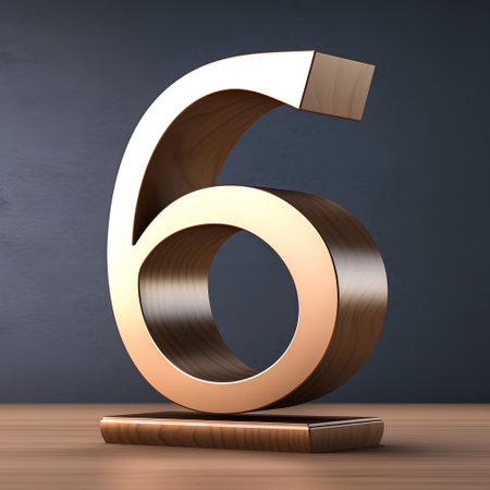 3d glossy gold number 6 on wooden table and blue wall backgroundの素材