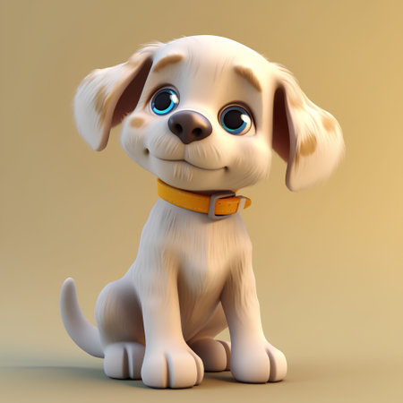 Cute cartoon dog sitting with orange collar. 3D illustration.の素材