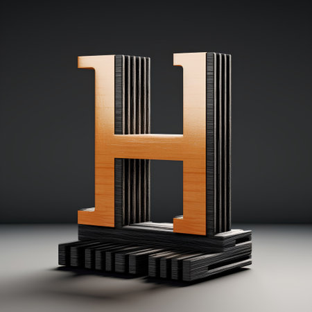 Wooden letter H uppercase. 3D render font with dark background.の素材