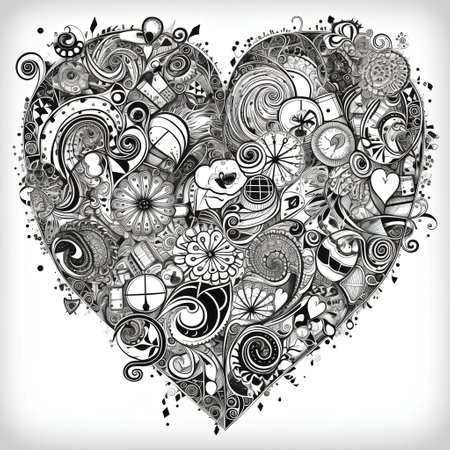 Vector hand drawn heart with doodle elements. Monochrome backgroundの素材