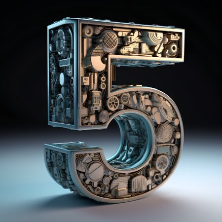 Mechanical alphabet made from mechanical parts. Letter 5. 3D renderingの素材