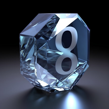 Blue ice cube with number 8 on black background. 3d renderの素材
