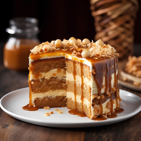 Tiramisu cake with caramel and nuts on a wooden tableの素材