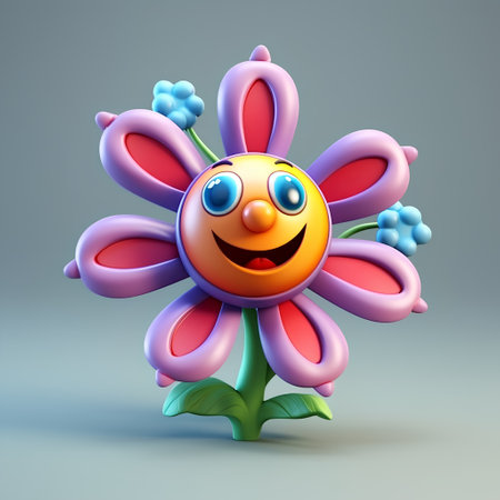 Funny flower with smiley face, 3d render, square imageの素材