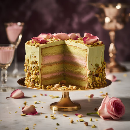 Delicious birthday cake with roses and petals on a golden standの素材