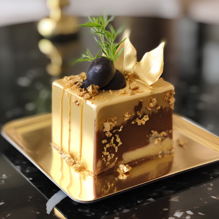 Piece of chocolate cake with black olives on a golden plateの素材