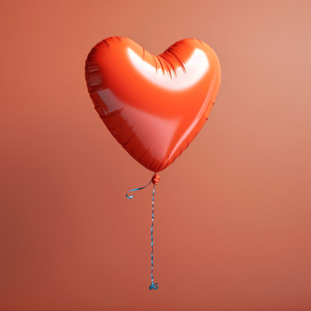 Red heart shaped balloon on orange background. 3d render illustration.の素材