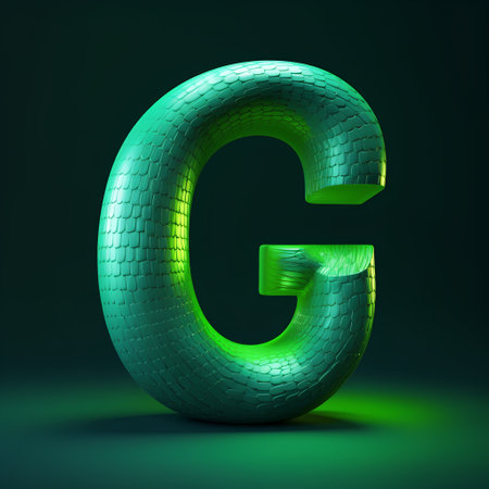 Alphabet letter G uppercase. 3D render font with green light reflections isolated on black backgroundの素材