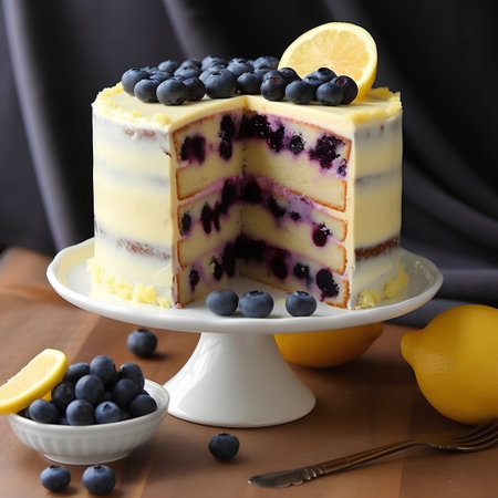 Lemon cheesecake with blueberries and lemon slices, selective focusの素材