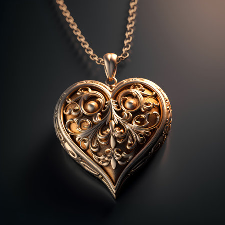 Golden heart pendant on a black background. 3d illustration.の素材