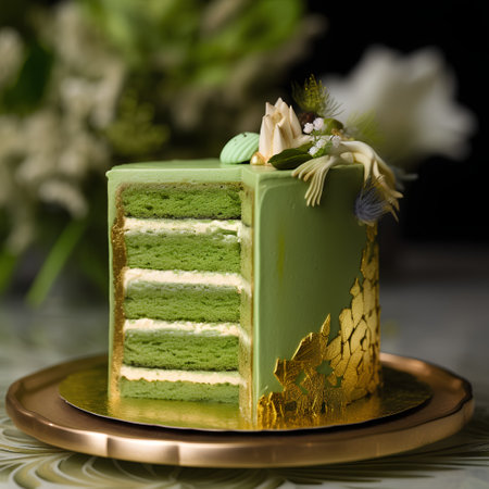 Green tea cake on a golden plate on a background of flowers.の素材