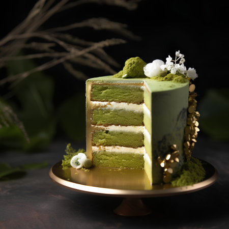 Green tea cake with whipped cream on dark background, selective focus.の素材