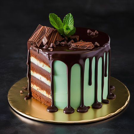 Chocolate cake with mint and chocolate glaze on a dark backgroundの素材