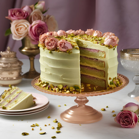 Pistachio cake with cream and pistachios, squareの素材