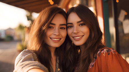 Two beautiful young women are making selfie on the background of a cafe.の素材
