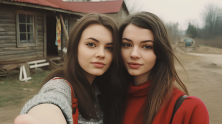 Two young girls in a red sweater take a selfie on the streetの素材