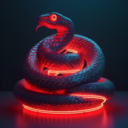 3d rendering of a black snake with red neon lights on a dark backgroundの素材