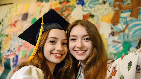 Portrait of two young women in graduation hats and gowns.の素材