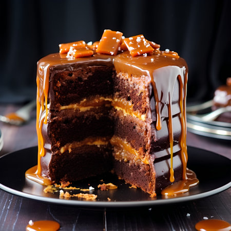 Chocolate cake with caramel and caramel sauce on a dark background.の素材