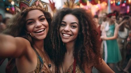 Two young women taking selfie with mobile phone at carnival in summerの素材