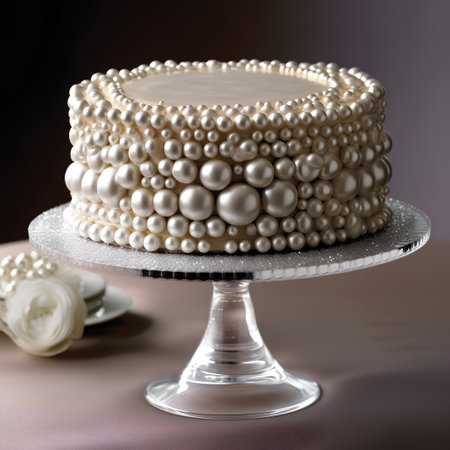 Wedding cake decorated with pearls on a dark background.の素材