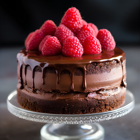 Chocolate cake with raspberries on a dark background. Toned.の素材