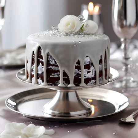 chocolate cake with white icing on a silver stand on a tableの素材