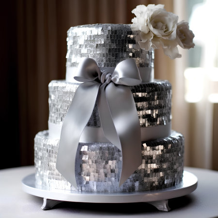 Wedding cake with silver ribbons and flowers on the tableの素材