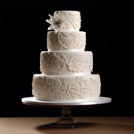 Wedding cake with lace on a black background. 3d renderingの素材