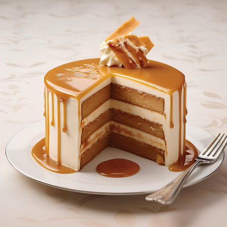 Piece of cake with caramel sauce on a white plate. 3d renderingの素材