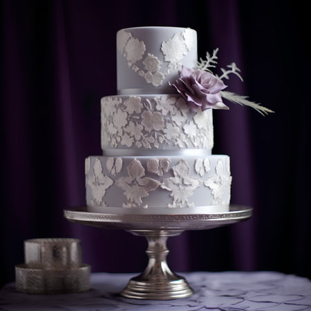 Wedding cake with purple flowers and lace on a metal standの素材