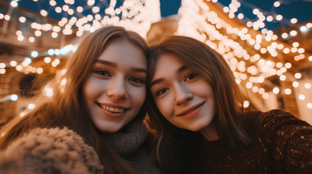 Two young beautiful women in warm sweaters and scarves on the background of Christmas lights.の素材