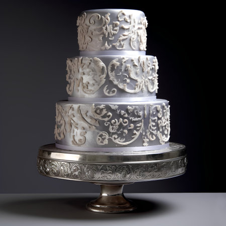 White wedding cake with floral ornament on a dark background. 3d renderの素材