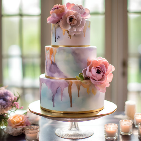 Wedding cake with pink roses and candles on a wooden tableの素材