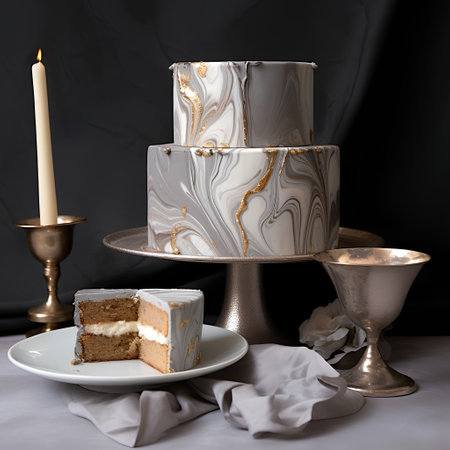 Birthday cake with gold and white marble on a dark background.の素材
