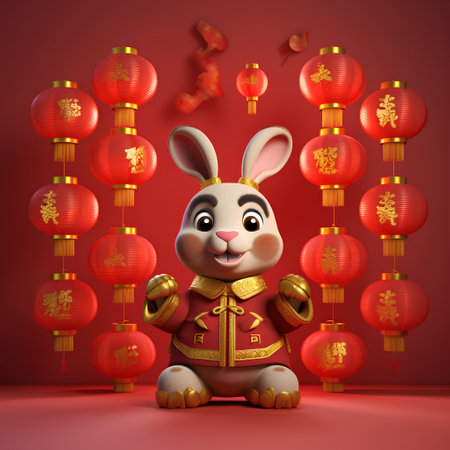 Happy Chinese New Year. Cute cartoon rabbit with lanterns. 3d renderingの素材