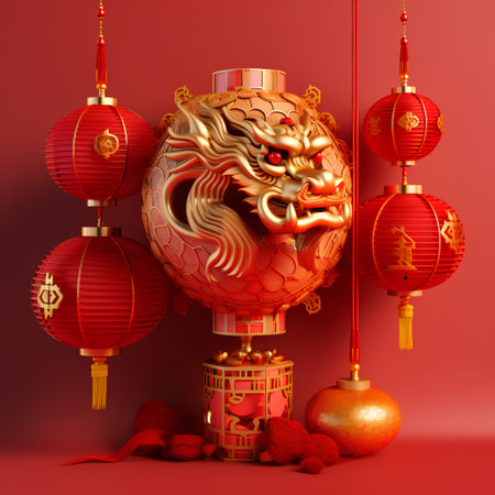 Chinese New Year lanterns and lion. 3D illustration. Red background.の素材