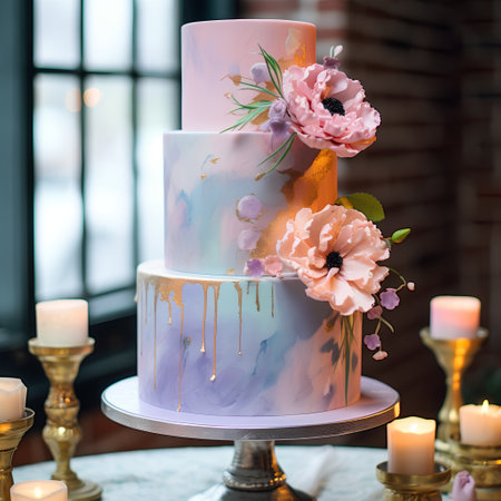 wedding cake decorated with flowers and candles on the table.の素材