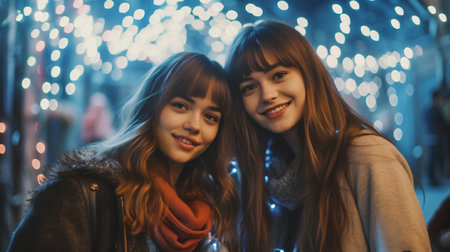 Two young women in winter clothes on the background of Christmas lights.の素材