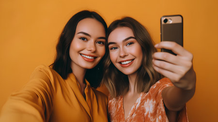 happy young women taking selfie with smartphone isolated on orange, friendship conceptの素材