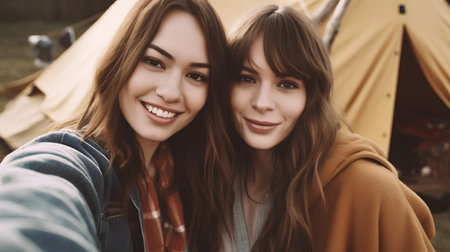 Portrait of two young women in front of tent taking a selfieの素材
