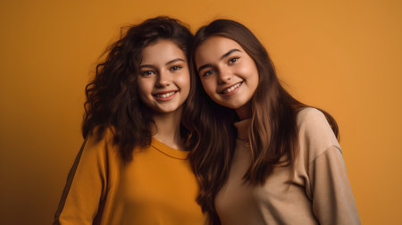 Portrait of two smiling teenage girls looking at camera on orange backgroundの素材