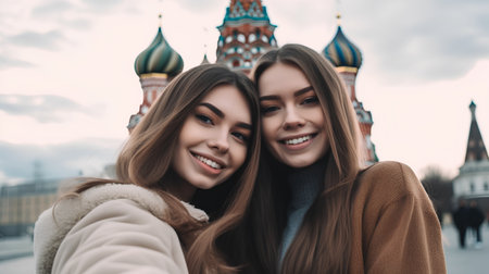 Two beautiful young women on the background of the Moscow Kremlin. Close-up.の素材