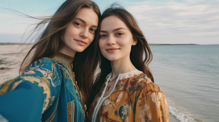 Two young women in boho style clothes posing on the beach.の素材