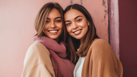 Two beautiful girls in sweaters are hugging and smiling while standing against pink backgroundの素材