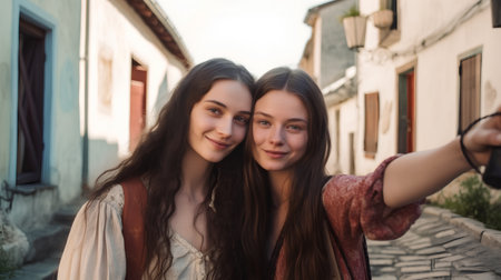 Portrait of two beautiful young women taking a selfie in the old townの素材