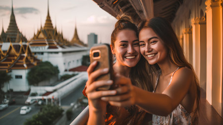 Happy young women taking selfie with mobile phone in Bangkok, Thailand.の素材