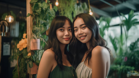 Two beautiful asian women smiling and looking at camera in coffee shop.の素材
