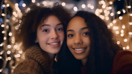 Portrait of two happy multiracial women looking at camera and smilingの素材
