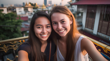 Two happy young women taking selfie on the bridge in Bangkok, Thailandの素材